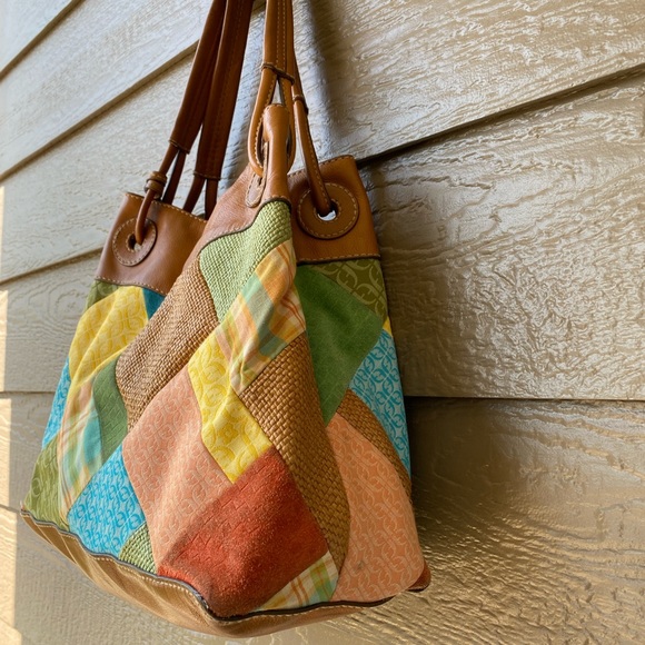 FOSSIL Large Leather Tote Vtg Patchwork Suede Canvas Boho Hobo Hippie - Picture 3 of 15